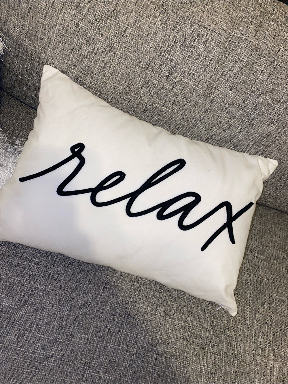 White Script 'relax' Accent Pillow with Black Embroidery